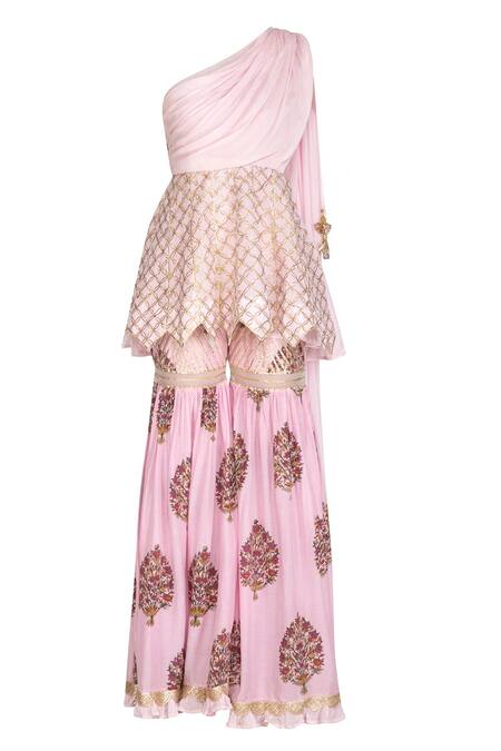Shop Yuvraani Jaipur Pink Muslin, Shantoon Asymmetric Draped Tunic And Sharara Set Online at Aza Fashions Shop_Yuvraani Jaipur_Pink Muslin, Shantoon Asymmetric Draped Tunic And Sharara Set_Online_at_Aza_Fashions