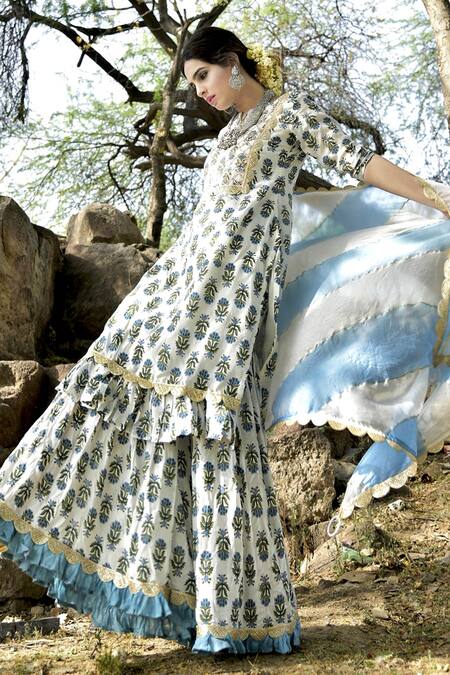 Yuvraani Jaipur White Crepe, Muslin, Shantoon Round Block Print Kurta Sharara Set Online at Aza Fashions Yuvraani Jaipur_White Crepe, Muslin, Shantoon Round Block Print Kurta Sharara Set _Online_at_Aza_Fashions