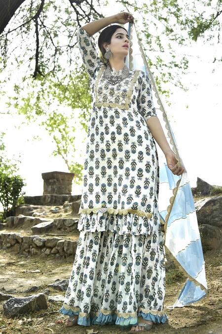 Buy Yuvraani Jaipur White Crepe, Muslin, Shantoon Round Block Print Kurta Sharara Set Online at Aza Fashions Buy_Yuvraani Jaipur_White Crepe, Muslin, Shantoon Round Block Print Kurta Sharara Set _Online_at_Aza_Fashions