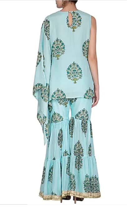 Shop Yuvraani Jaipur Blue Muslin, Shantoon Round Draped Tunic And Sharara Set at Aza Fashions Shop_Yuvraani Jaipur_Blue Muslin, Shantoon Round Draped Tunic And Sharara Set _at_Aza_Fashions
