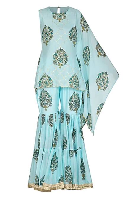 Yuvraani Jaipur Blue Muslin, Shantoon Round Draped Tunic And Sharara Set Online at Aza Fashions Yuvraani Jaipur_Blue Muslin, Shantoon Round Draped Tunic And Sharara Set _Online_at_Aza_Fashions