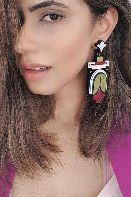 The YV Brand By Yashvi Vanani Green The Ancient Tulip Dangler Earrings Online at Aza Fashions The YV Brand By Yashvi Vanani_Green The Ancient Tulip Dangler Earrings_Online_at_Aza_Fashions