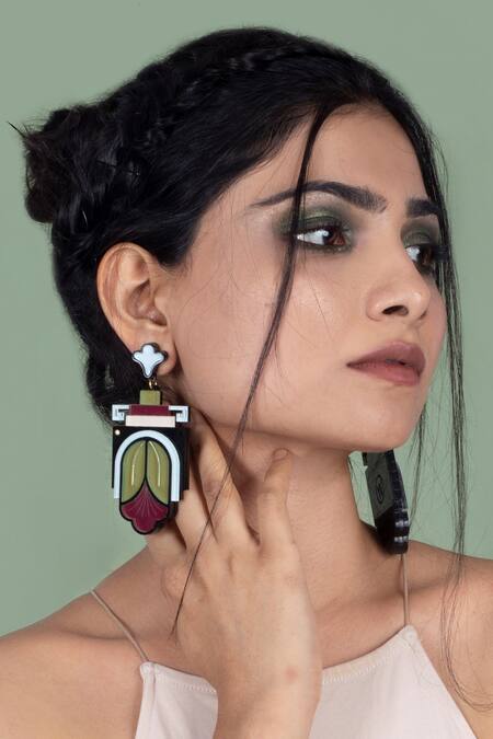 Shop The YV Brand By Yashvi Vanani Green The Ancient Tulip Dangler Earrings Online at Aza Fashions Shop_The YV Brand By Yashvi Vanani_Green The Ancient Tulip Dangler Earrings_Online_at_Aza_Fashions