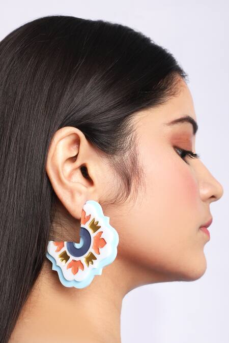 The YV Brand By Yashvi Vanani White Enamel The Persian Mirror Hoops Online at Aza Fashions The YV Brand By Yashvi Vanani_White Enamel The Persian Mirror Hoops_Online_at_Aza_Fashions