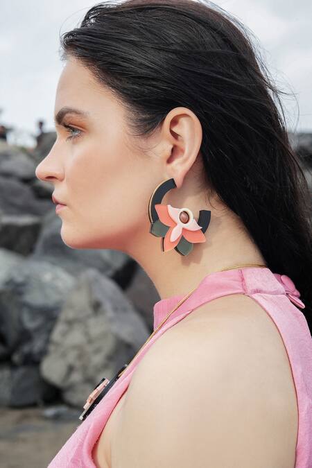 Shop_The YV Brand By Yashvi Vanani_Peach Bead The Daffodil Hoops_Online_at_Aza_Fashions