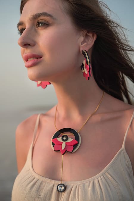 The YV Brand By Yashvi Vanani_Red Bead The Daffodil Hoops_Online_at_Aza_Fashions