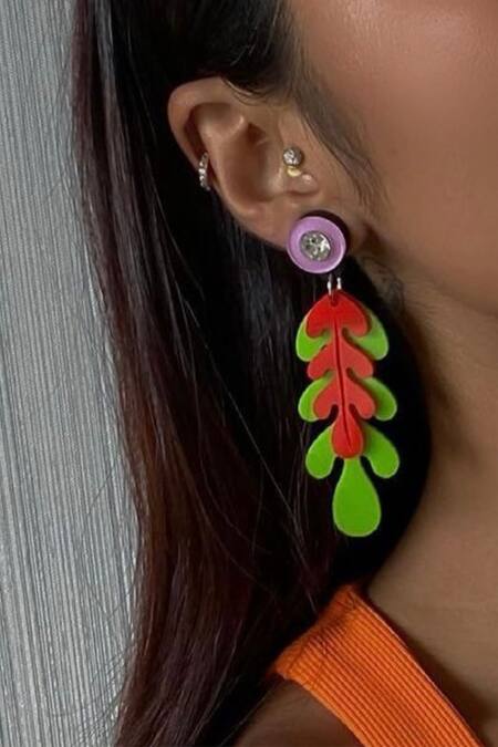 The YV Brand By Yashvi Vanani_Green Stone The Kelly Leaf Dangler Earrings_Online_at_Aza_Fashions