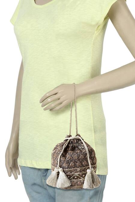 RI.Ritu Kumar_Black Beads Embellished Bucket Bag_at_Aza_Fashions