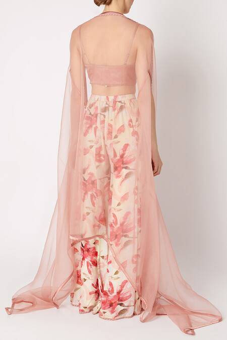Shop_Devnaagri_Pink , Organza, Silk Satin, Mulmul Cape Embroidered And Palazzo Set_at_Aza_Fashions