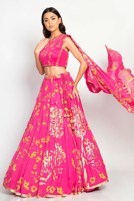 Moledro_Fuchsia Crepe, Chinnon Floral Asymmetric Humaira Print Lehenga And Blouse Set_Online_at_Aza_Fashions