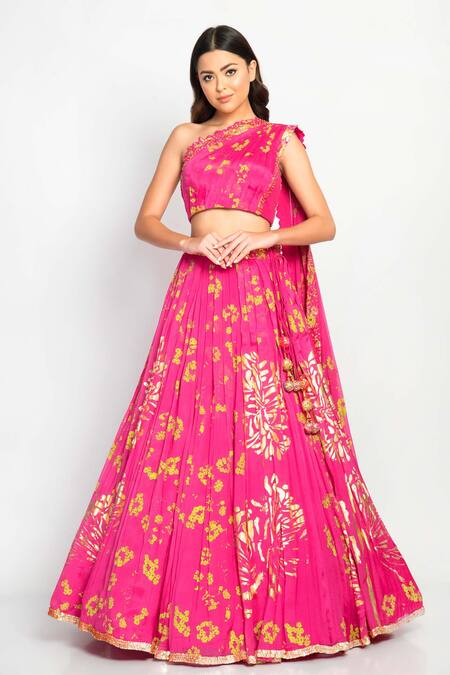 Buy_Moledro_Fuchsia Crepe, Chinnon Floral Asymmetric Humaira Print Lehenga And Blouse Set_Online_at_Aza_Fashions