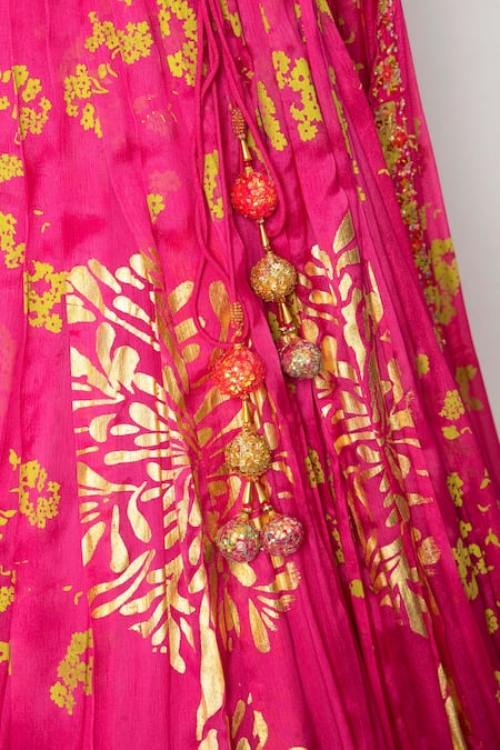 Shop_Moledro_Fuchsia Crepe, Chinnon Floral Asymmetric Humaira Print Lehenga And Blouse Set_Online_at_Aza_Fashions