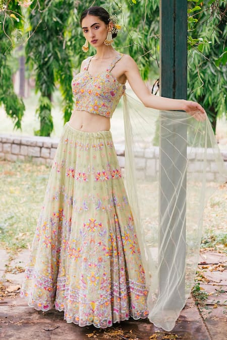 Tarini Vij Green Net Lining Satin Pearl, Sequin, Thread, Cutdana Embroidered Lehenga Set