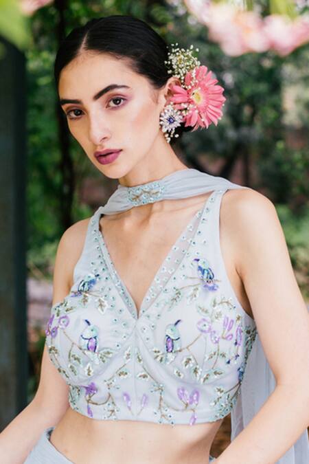 Buy_Tarini Vij_Blue Blouse Net Lining Satin Lehenga Georgette And Dupatta Embroidered Set _Online_at_Aza_Fashions