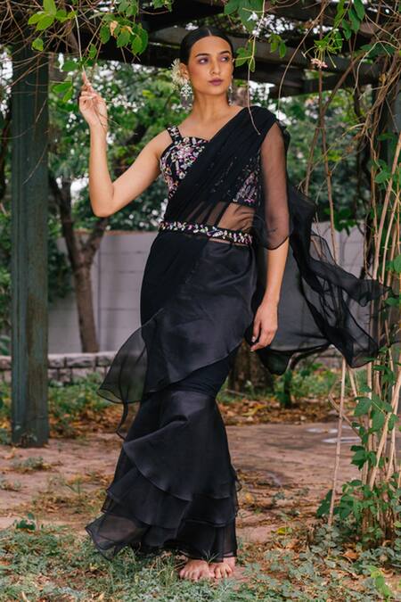 Shop Iris Black Pre-Stitched Saree & Top Set by PASHA INDIA at House of  Designers – HOUSE OF DESIGNERS