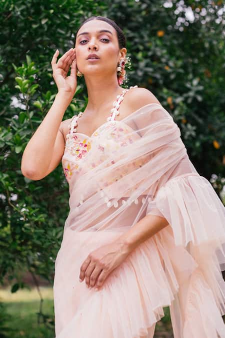 Tarini Vij Pink Blouse Net Lining Satin Saree Soft Net Embroidered Pre-pleated With Online at Aza Fashions Tarini Vij_Pink Blouse Net Lining Satin Saree Soft Net Embroidered Pre-pleated With _Online_at_Aza_Fashions