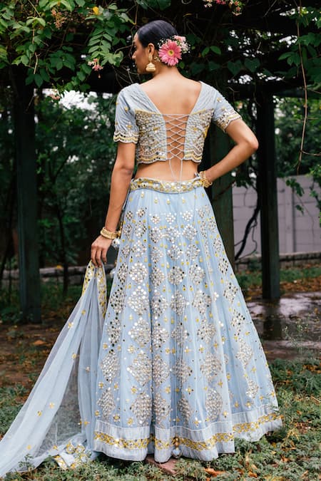 Sky Blue Lehenga style Suit Semi-Stitched Lehenga Choli Salwar Kameez in  Embroidery, Gota Patti, Sequins & Lace Work – Arabic attire
