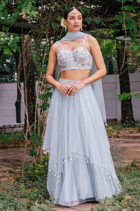 Tarini Vij Blue Blouse Net Lining Satin Lehenga Double Layered Net Embroidered Set 