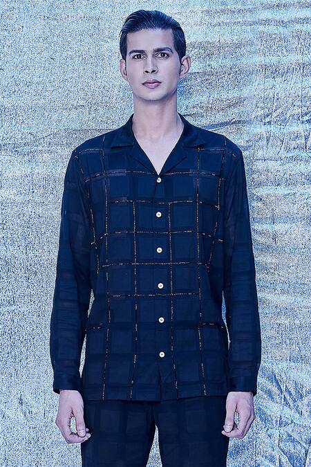 Buy_Line Out Line_Black Jacquard Cotton Embroidery Cutdana Window Pane Shirt_Online_at_Aza_Fashions