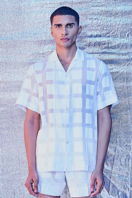 Buy_Line out line_White Jacquard Cotton Geometric Window Pane Resort Shirt_Online_at_Aza_Fashions