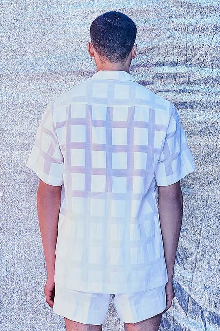 Shop_Line out line_White Jacquard Cotton Geometric Window Pane Resort Shirt_Online_at_Aza_Fashions