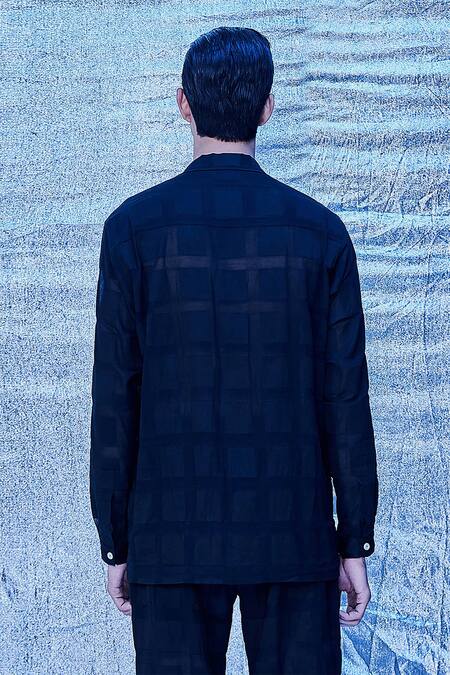 Shop_Line Out Line_Black Jacquard Cotton Embroidery Cutdana Window Pane Shirt_Online_at_Aza_Fashions