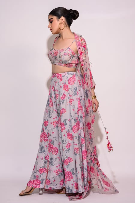 Aangan By Parul_Grey Silk And Chiffon Floral Pattern & Embellishment Tassels Palazzo Set  _Online_at_Aza_Fashions