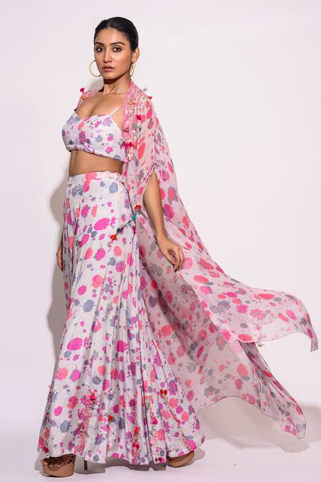 Buy_Aangan By Parul_Grey Silk And Chiffon Floral Pattern & Embellishment Tassels Palazzo Set  _Online_at_Aza_Fashions