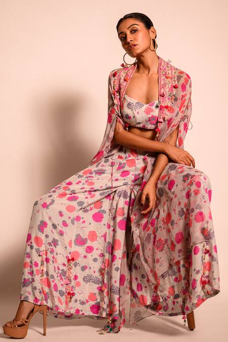 Shop_Aangan By Parul_Grey Silk And Chiffon Floral Pattern & Embellishment Tassels Palazzo Set  _Online_at_Aza_Fashions