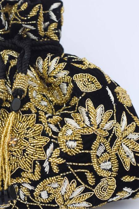 Eena Gold Embroidery, Beads Zahara Floral Potli Bag Online at Aza Fashions Eena_Gold Embroidery, Beads Zahara Floral Potli Bag _Online_at_Aza_Fashions
