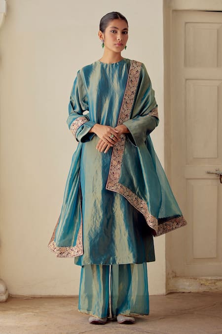 Mimamsaa Blue Tissue Silk Floral Round Zaaya Kurta Pant Set 