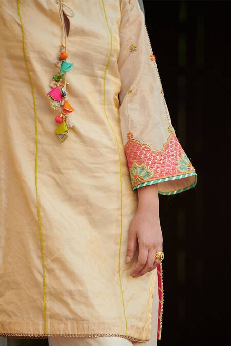 Shop_Rajiramniq_Gold Tissue Silk Embroidery Round Kurta Set _Online_at_Aza_Fashions