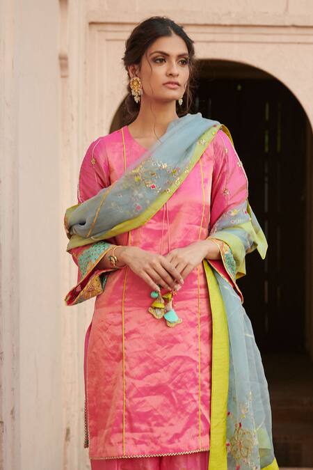 Rajiramniq_Pink Tissue Silk Embroidery Round Kurta Set _Online_at_Aza_Fashions