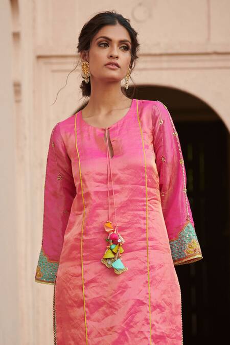 Buy_Rajiramniq_Pink Tissue Silk Embroidery Round Kurta Set _Online_at_Aza_Fashions