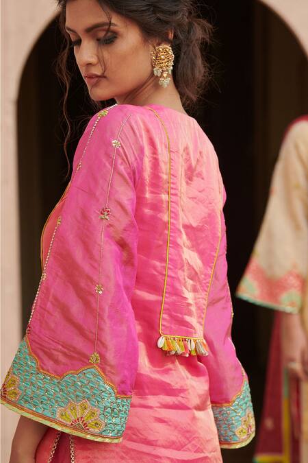 Shop_Rajiramniq_Pink Tissue Silk Embroidery Round Kurta Set _Online_at_Aza_Fashions