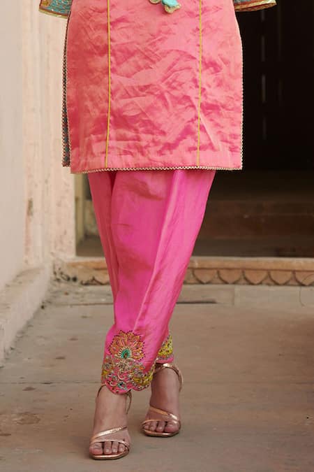 Rajiramniq_Pink Tissue Silk Embroidery Round Kurta Set _at_Aza_Fashions