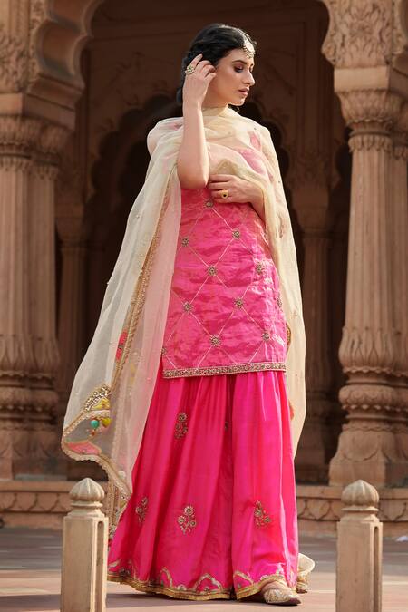 Rajiramniq_Pink Tissue Silk Embroidery Square Neck Kurta Set _Online_at_Aza_Fashions