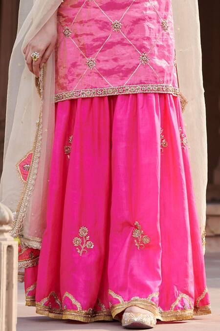 Rajiramniq_Pink Tissue Silk Embroidery Square Neck Kurta Set _at_Aza_Fashions