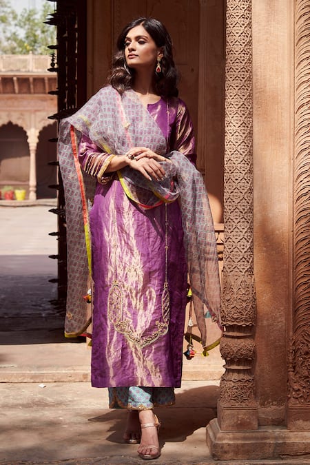 Rajiramniq Purple Tissue Silk Embroidery Round Kurta Set 