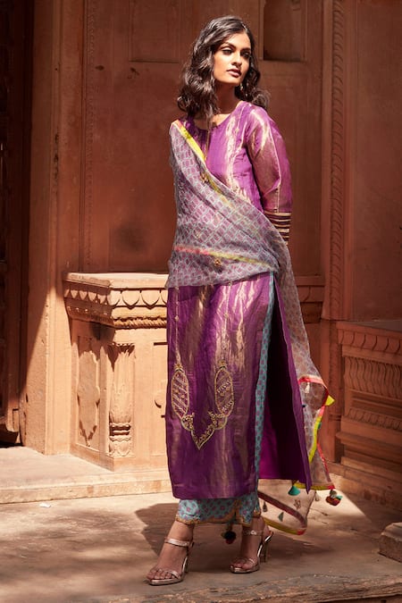 Shop Rajiramniq Purple Tissue Silk Embroidery Round Kurta Set at Aza Fashions Shop_Rajiramniq_Purple Tissue Silk Embroidery Round Kurta Set _at_Aza_Fashions
