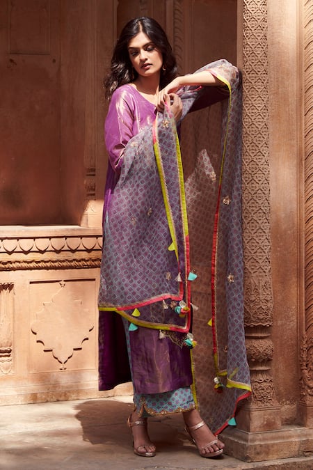 Rajiramniq Purple Tissue Silk Embroidery Round Kurta Set Online at Aza Fashions Rajiramniq_Purple Tissue Silk Embroidery Round Kurta Set _Online_at_Aza_Fashions