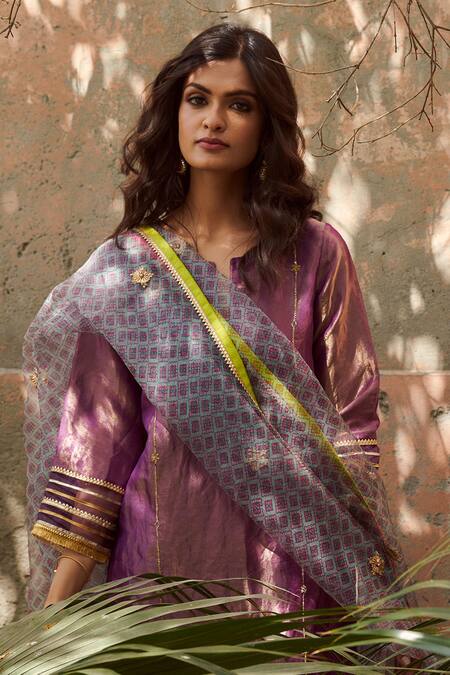 Buy Rajiramniq Purple Tissue Silk Embroidery Round Kurta Set Online at Aza Fashions Buy_Rajiramniq_Purple Tissue Silk Embroidery Round Kurta Set _Online_at_Aza_Fashions