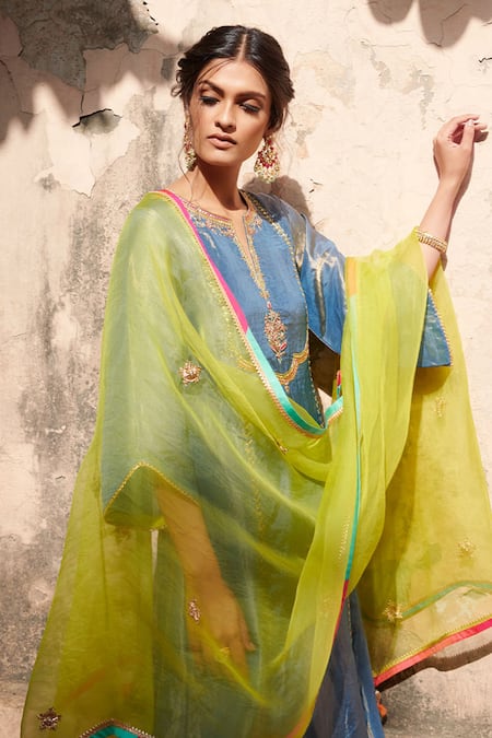 Buy Rajiramniq Blue Tissue Silk Embroidery Round Kurta Set Online at Aza Fashions Buy_Rajiramniq_Blue Tissue Silk Embroidery Round Kurta Set _Online_at_Aza_Fashions