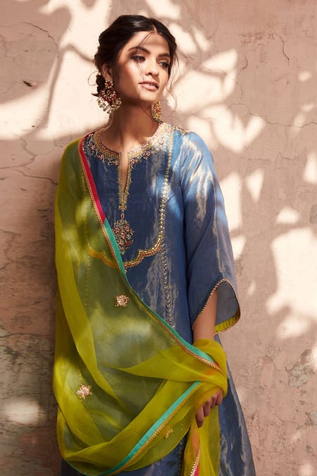 Shop Rajiramniq Blue Tissue Silk Embroidery Round Kurta Set Online at Aza Fashions Shop_Rajiramniq_Blue Tissue Silk Embroidery Round Kurta Set _Online_at_Aza_Fashions