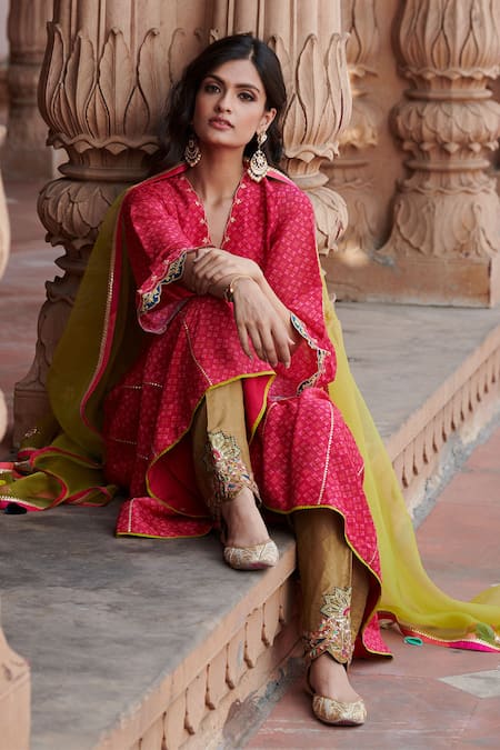 Buy_Rajiramniq_Red Tissue Silk Embroidery V Neck Chanderi Anarkali Set _Online_at_Aza_Fashions