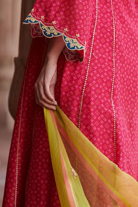Rajiramniq_Red Tissue Silk Embroidery V Neck Chanderi Anarkali Set _at_Aza_Fashions