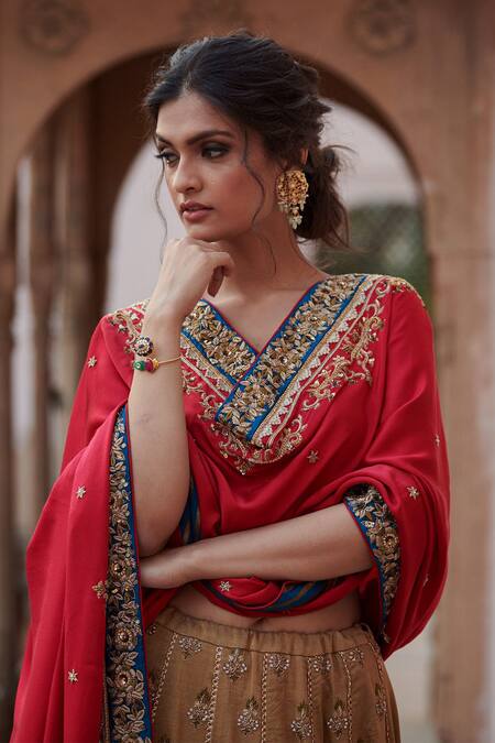 Buy_Rajiramniq_Gold Chanderi, Satin, Tissue Silk Round Lehenga Set _Online_at_Aza_Fashions