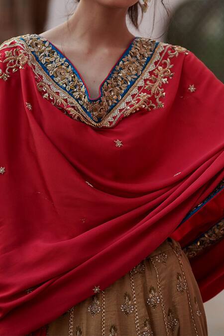 Shop_Rajiramniq_Gold Chanderi, Satin, Tissue Silk Round Lehenga Set _Online_at_Aza_Fashions