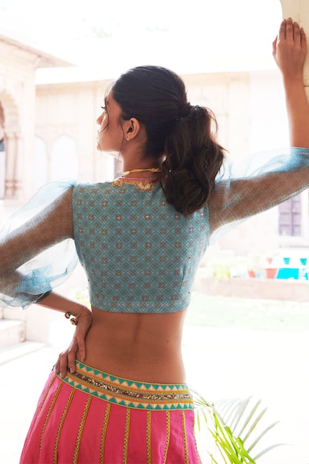 Shop_Rajiramniq_Blue Tissue Silk Embroidery V Neck Lehenga Set _Online_at_Aza_Fashions