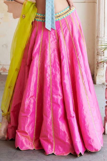 Rajiramniq_Blue Tissue Silk Embroidery V Neck Lehenga Set _at_Aza_Fashions